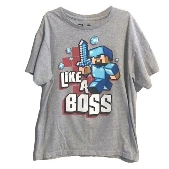 Mojang Jinx Minecraft Kids Size 10/12 T-Shirt Like A Boss Gray Graphic Tee - Picture 2 of 6